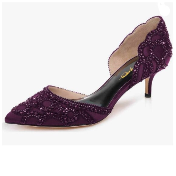 XYD Dark Purple Pointed Toe D\'Orsay Kitten Heel Rhinestone Studs Slip-On Shoes main image 4